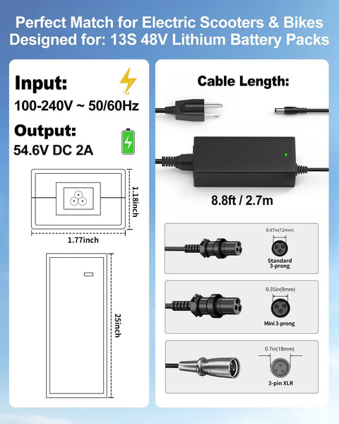 Universal 54.6V 2A Ebike Charger Fast Charging For Lectric XP 3.0 2.0 Heybike Mars Mars 2.0 Race Max Sola Ecotric City Beach Evercross H5 H7 Electric Bikes On The Go