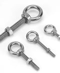 Six Pack M6 Stainless Steel Eye Bolts With Nuts, 2 Inch Thread Length, Heavy Duty Eye Bolts For DIY Projects, Furniture, Swing Sets, And Outdoor Use, Corrosion Resistant And Ready To Install; four eye bolts of varying sizes shown.