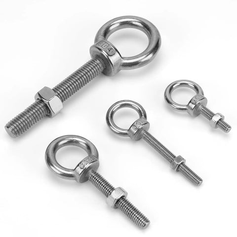 Six Pack M6 Stainless Steel Eye Bolts With Nuts, 2 Inch Thread Length, Heavy Duty Eye Bolts For DIY Projects, Furniture, Swing Sets, And Outdoor Use, Corrosion Resistant And Ready To Install; four eye bolts of varying sizes shown.
