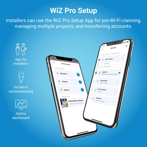 4 Inch Smart WiFi Recessed LED Downlight With SpaceSense Motion Detection, Dimmable RGBW Color Changing, 600 Lumens, Wet Rated Ceiling Light, No Hub Needed, Works With WiZ Pro app setup on two smartphones