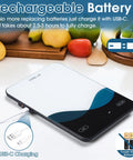 Bluetooth Kitchen Scale 10kg And 22lb Capacity With Smart Nutrition App showing USB-C charging on a kitchen counter