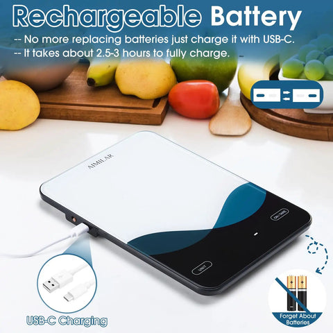 Bluetooth Kitchen Scale 10kg And 22lb Capacity With Smart Nutrition App showing USB-C charging on a kitchen counter