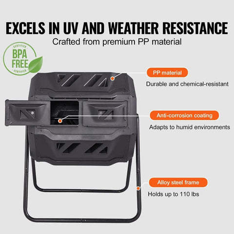 Beefy Dual Chamber 43 Gallon Compost Tumbler With Rotating Design And Two Doors, Heavy Duty Steel Frame, UV and weather resistant