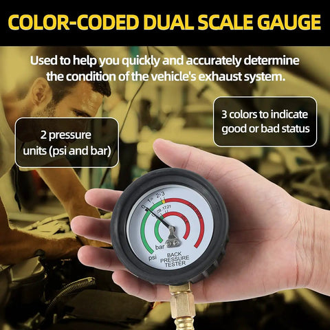 Pro Grade Exhaust Back Pressure Tester Kit With 6 Foot Hose, Professional Car Exhaust Back Pressure Gauge, Adapter And Hose Clamp, Includes Durable Carton Packaging. Handheld dual-scale gauge shows psi and bar.
