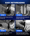 Instructional steps for using Stainless Steel M7x1 Thread Repair Kit with twisted drill and insertion tool for thread repairs.