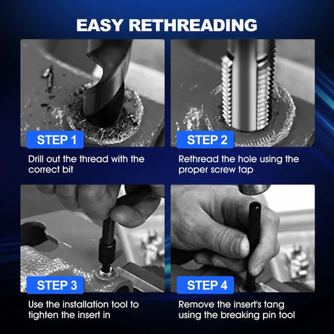 Instructional steps for using Stainless Steel M7x1 Thread Repair Kit with twisted drill and insertion tool for thread repairs.
