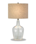 Tall Watermarked Glass Table Lamp With Linen French Drum Shade In Neutral Flax, Cozy Yet Modern For Living Room Bedroom Office And Dining