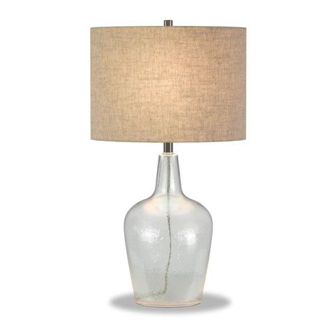 Tall Watermarked Glass Table Lamp With Linen French Drum Shade In Neutral Flax, Cozy Yet Modern For Living Room Bedroom Office And Dining