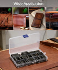 52 Shape Hole Punch Die Set For Leather And Fabric Crafts with storage case, shown with leather goods for keychains and wallets.