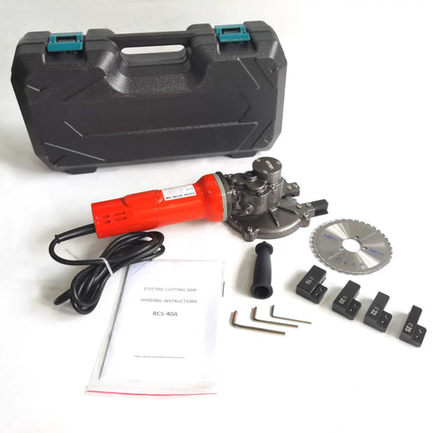 CCTI Electric Cutting Edge Saw RCS-40A Mighty 1100W Rebar Cutter with case, blade, and tools for easy handling and cutting steel rods.