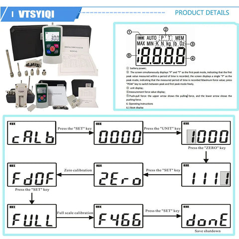 Digital Force Gauge Push And Pull Tester With LCD Display, 300N Maximum Load, 30Kgf, 65Lbf, 1080Oz, Four Measurement Units, 0.1N, 0.01kg, 0.01lb, 1oz Readouts, Inner Sensor, High Accuracy. with case and calibration screens