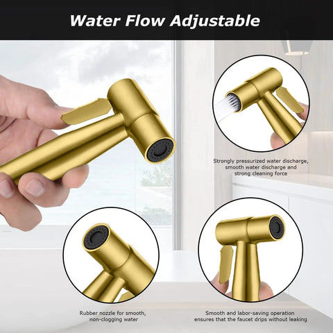 Half Inch NPT Stainless Steel Bidet Sprayer Kit For Toilet, Brushed Gold Handheld Shattaf Attachment for adjustable water flow