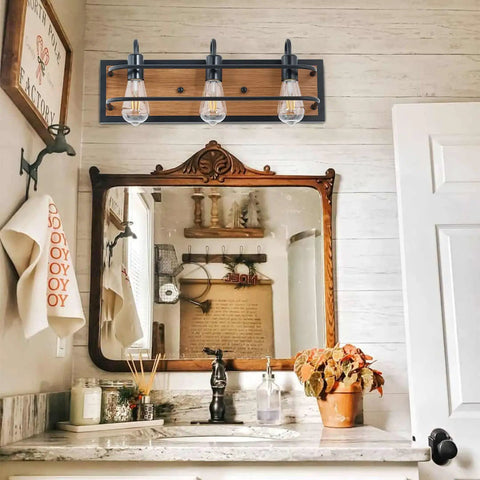 Bathroom with Rustic Three Light Vanity Fixture With Industrial Black Finish And Faux Wood Back Panel over mirror