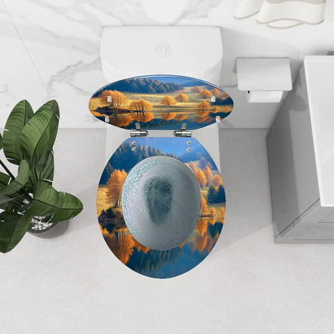 Toilet Seat Round Resin Lake Bathroom with autumn scenery design, 14.5" x 16.5", fits most standard toilets.