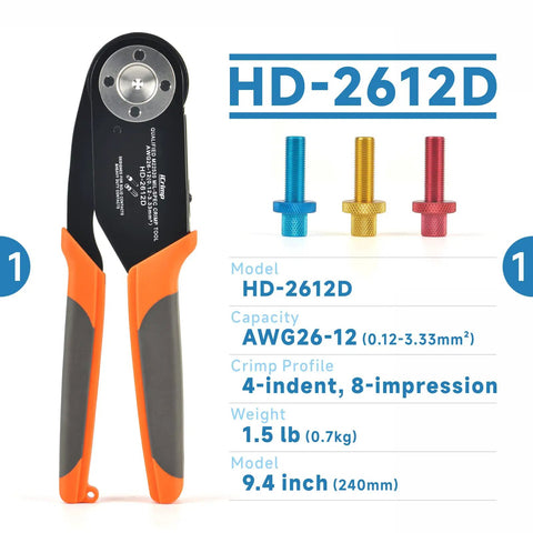 Top Notch IWISS Diesel Grade Deutsch Crimper for Heavy Duty 12 To 26 AWG with ratchet handle and adjustable screw features.