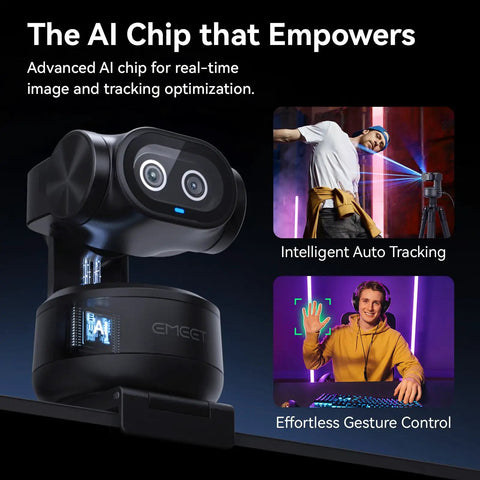 Next Level Dual Camera AI Powered PTZ 4K Webcam featuring AI chip, auto tracking, and gesture control for live streaming.