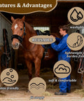 Horse wearing 3 Pack Black Noseband Covers For Horses With Soft Fleece Padding Guard Shields For Halters, person fitting saddle