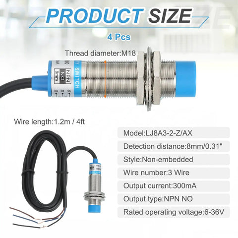 Inductive Proximity Sensor Kit Four Pack NPN NO M18 DC 6 to 36V 300mA 8mm Sensing Proximity Switch Detector product size guide