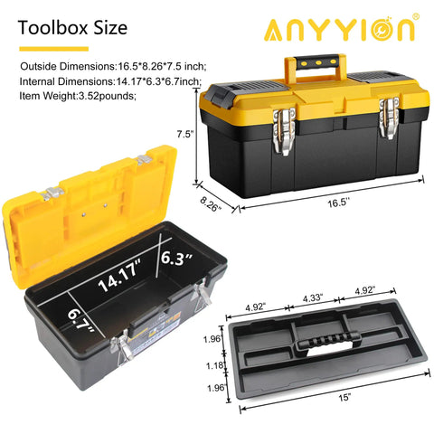 16.5 Inch Toolbox With Removable Tray And Dual Lock Stainless Steel Latches Heavy Duty Durable Tool Chest For Home Garage