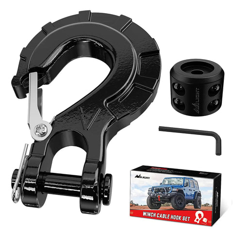 Three Eighths Inch Grade 70 Forged Steel Winch Hook Set With Safety Latch, Cable Stopper And Clevis Slip Hooks, Includes Allen Wrench, Handles Up To 35,000 Lbs Working Load For Off Road Recovery, Black