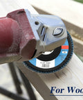 Flap disc installed on an angle grinder; blue label shows 40 grit for wood sanding.