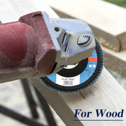 Flap disc installed on an angle grinder; blue label shows 40 grit for wood sanding.