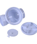 4 Inch PVC Backwater Valve With Quick Action Flapper Elastomeric Seal And Threaded Access Cap With Neoprene Seal shown disassembled