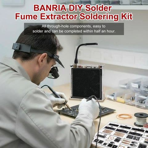 Person using DIY Solder Fume Extractor Kit With LED Light And Filters For Smoke Absorption During Soldering Quiet Fan