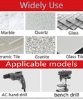 Materials for Pro Grade Diamond Hole Saw Kit: marble, quartz, glass, ceramic tile, granite, glass tile; uses AC hand and bench drills.