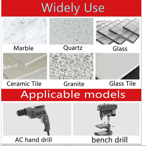 Materials for Pro Grade Diamond Hole Saw Kit: marble, quartz, glass, ceramic tile, granite, glass tile; uses AC hand and bench drills.