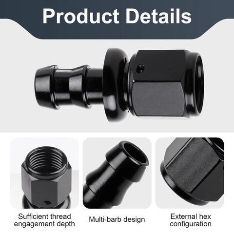 Two Pack 6AN Female To 3/8 Inch Barb Hose Fittings Leak Proof 37 Degree Flare Chamfer Deep Thread Ideal For Fuel Lines Oil Coolers Transmission Coolers Automotive Marine And Industrial Use black anodized aluminum fitting close-up