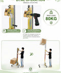 Heavy Duty Portable Fork Lift Manual Stacker With Winch, showcasing manual crank and electric drill options, max load 80kg.