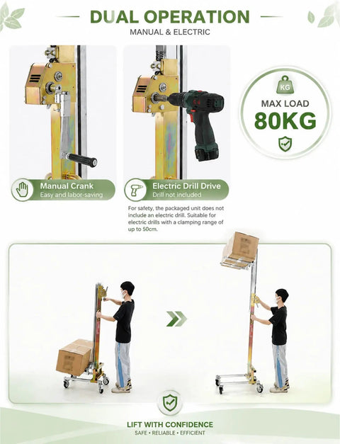 Heavy Duty Portable Fork Lift Manual Stacker With Winch, showcasing manual crank and electric drill options, max load 80kg.