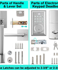 Keyless Entry Door Lock With Keypad Deadbolt Satin Nickel Finish parts including handle, lever set, and installation hardware.