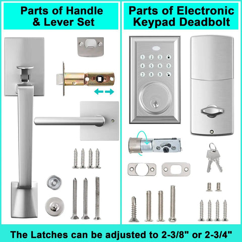 Keyless Entry Door Lock With Keypad Deadbolt Satin Nickel Finish parts including handle, lever set, and installation hardware.