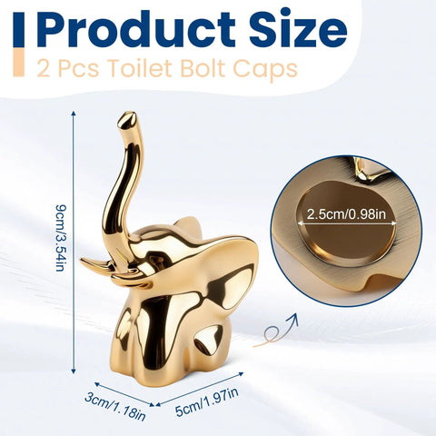 Gold Elephant Ceramic Toilet Bolt Covers, 2 Pack, Decorative Screw Caps For Most Toilet Bolts, Adorable Elephant Design
