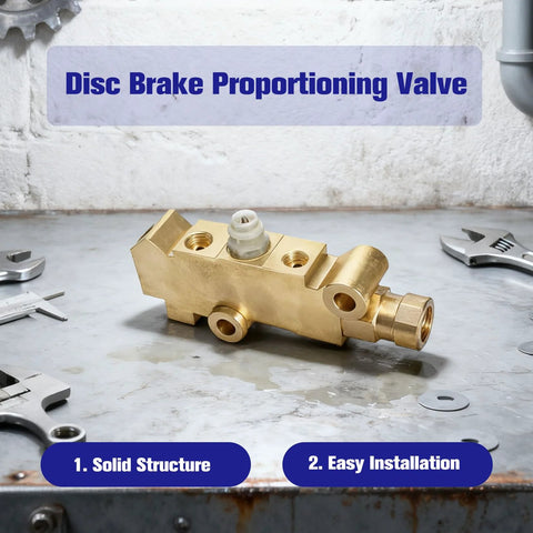 PV4 brass disc brake proportioning valve on a workshop bench with wrenches nearby