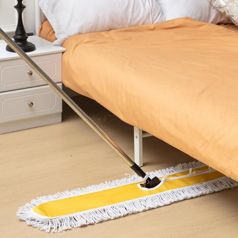 Pro Grade Heavy Duty 2 Pack Industrial Dust Mops With Swivel Heads And Extended Handles For No Fuss Commercial Floor Sweeping On Hardwood Tile And Marble Floors, showing yellow dust mop under bed.