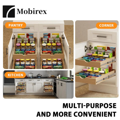 Slick Glide Pull Out Cabinet Drawers Reliable Rugged Wooden Storage Organizer No Fuss Kitchen Setup Heavy Duty Pantry Shelves Undercounter Space Hack Twenty One By Twenty Two Inches with jars and packages.