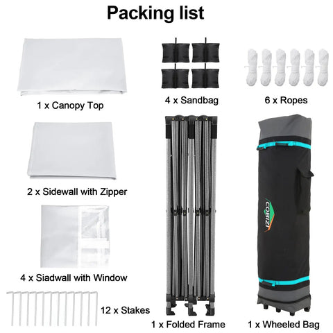 10x20 Foot Pop Up Canopy Tent With 6 Sidewalls Heavy Duty Waterproof Commercial Gazebo packing list including frame, sandbags, wheeled bag.