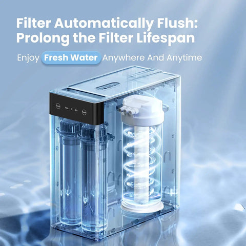 Top-Notch Tankless Reverse Osmosis System 400 GPD With 7-Stage Filtration for under-sink with clear filter housing and components.