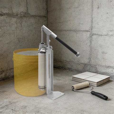 Heavy Duty Manual Loading Paste Pump With 15 Inch Handle And Stable Aluminum L Base For Thick Liquids next to a yellow bucket.