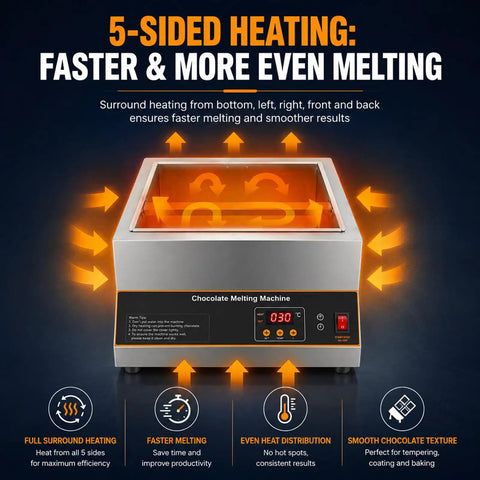 Heavy Duty Electric Chocolate Melter And Tempering Machine With 12kg Capacity, showing 5-sided heating feature and digital controls.