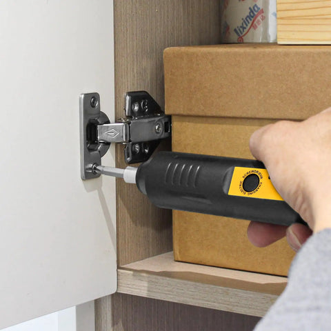 Using Cordless Screwdriver Rechargeable Compact Electric Screwdriver With Type-C Charging on cabinet hinge inside cupboard