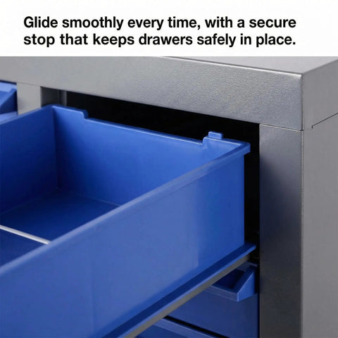 Close-up of blue drawer in 100 Drawer Parts Cabinet With Mega Capacity For Garage Shop Tools, Ultimate Bolt Organizer And Hardware Bin