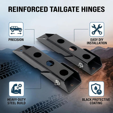 Heavy Duty Tailgate Hinge Set For Jeep Wrangler JK and JKU 2007 through 2018, showing reinforced steel build and black coating.