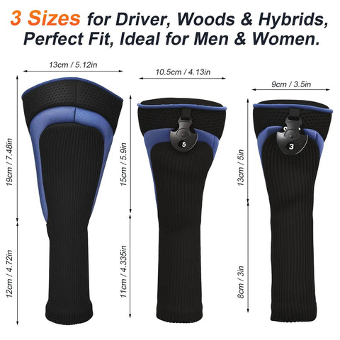 3 Piece Golf Head Cover Set For Driver And Fairway Woods With Long Neck Mesh Breathable Design And Interchangeable Number Tags In Blue