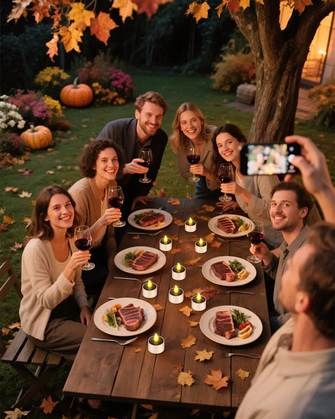 Solar Powered Tea Lights Six Pack Flameless LED Candles With IP65 Waterproof Dusk To Dawn Sensor on outdoor table during dinner party.