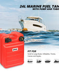 Portable 24L 6 Gallon Marine Fuel Tank For Boats And Yachts With Hose Red Leak Free Fuel Flow next to a yacht on water