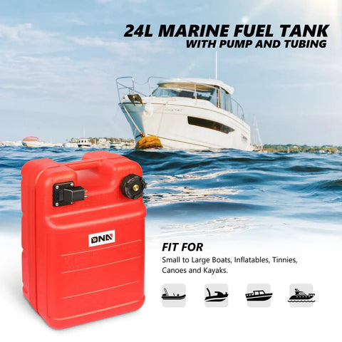 Portable 24L 6 Gallon Marine Fuel Tank For Boats And Yachts With Hose Red Leak Free Fuel Flow next to a yacht on water